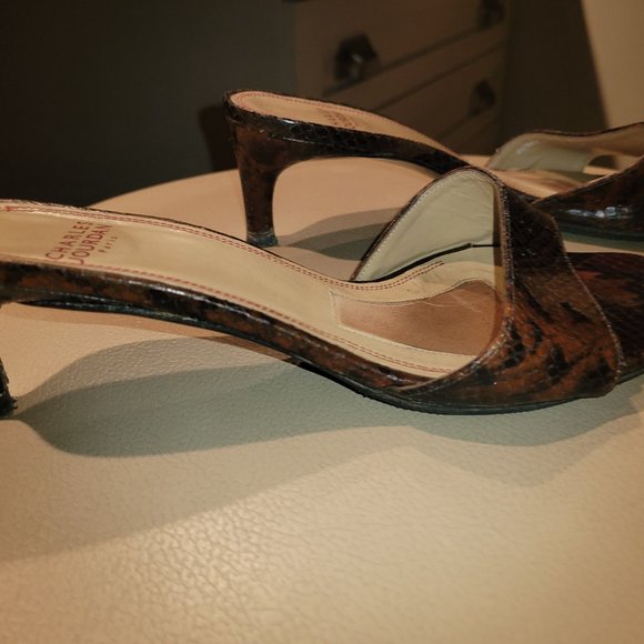 Charles Jordan Black/Brown Snakeskin Cross Bridge Sandals Size 7 - Picture 4 of 11